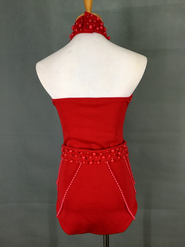 Beading Halter Bodysuit Red White Pearls Crystals Jumpsuit Naiste Seksikas seljata kostüüm Ööklubi baar DJ Laulja Show Lavavarustus