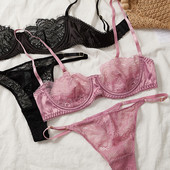 Seksi čipkasti komplet grudnjaka s 1/2 košarice za žene Ultra-tanko donje rublje French Black Temptation Kompleti grudnjaka i tangi s donjim rubljem