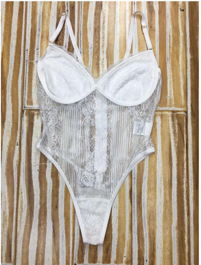 HOT Fashion White Bodysuit Lace Splicing Σέξι διαφανές αμάνικο με λαιμόκοψη σε V-λαιμόκοψη Χονδρική Καλοκαιρινό μαγιό Επίδεσμο κορμάκι