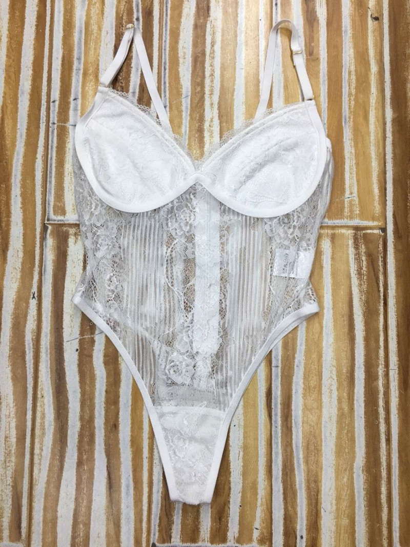 HOT Fashion White Bodysuit Lace Splicing Σέξι διαφανές αμάνικο με λαιμόκοψη σε V-λαιμόκοψη Χονδρική Καλοκαιρινό μαγιό Επίδεσμο κορμάκι