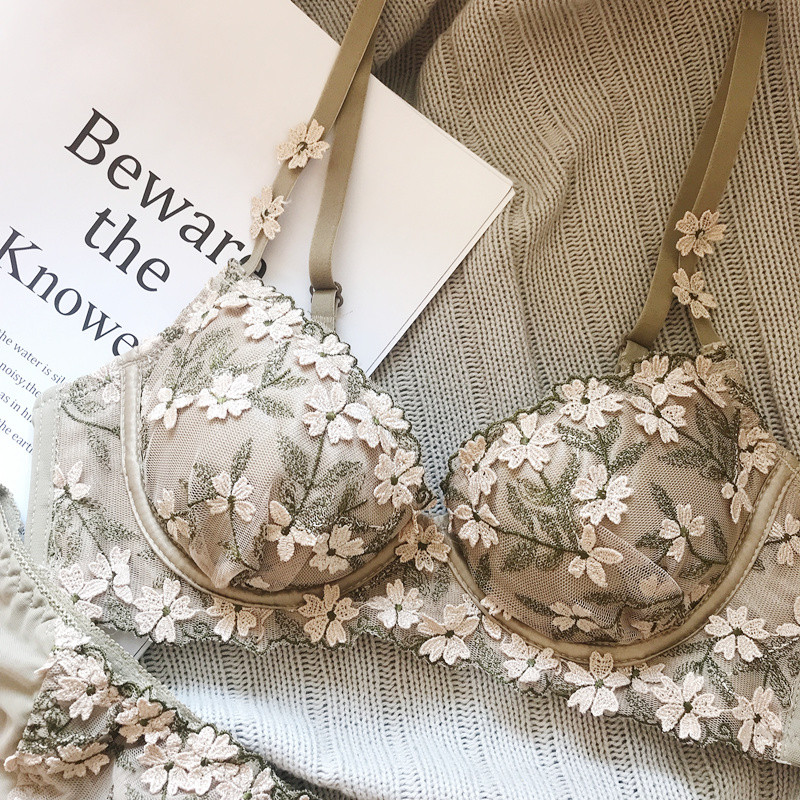 Υψηλής ποιότητας Δαντέλα Κέντημα Λουλούδια Εσώρουχα Σέξι Push Up Σετ σουτιέν Γυναικεία Λουλούδια Διακόσμηση Εσώρουχα Thicken B Cup Brassiere