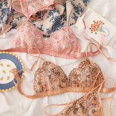 Set de lenjerie de corp cu broderie din dantelă sexy Set de sutien ultra subțire din satin francez pentru femei, cupă triunghi, bralette, lenjerie respirabilă, sutien