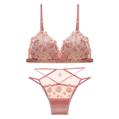 Set de lenjerie de corp cu broderie din dantelă sexy Set de sutien ultra subțire din satin francez pentru femei, cupă triunghi, bralette, lenjerie respirabilă, sutien