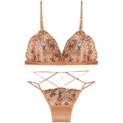Set de lenjerie de corp cu broderie din dantelă sexy Set de sutien ultra subțire din satin francez pentru femei, cupă triunghi, bralette, lenjerie respirabilă, sutien