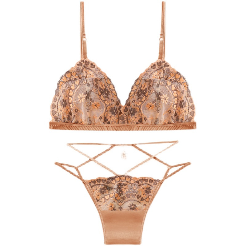 Set de lenjerie de corp cu broderie din dantelă sexy Set de sutien ultra subțire din satin francez pentru femei, cupă triunghi, bralette, lenjerie respirabilă, sutien