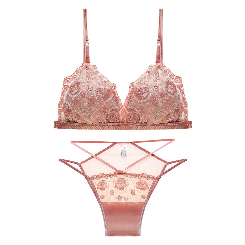 Set de lenjerie de corp cu broderie din dantelă sexy Set de sutien ultra subțire din satin francez pentru femei, cupă triunghi, bralette, lenjerie respirabilă, sutien