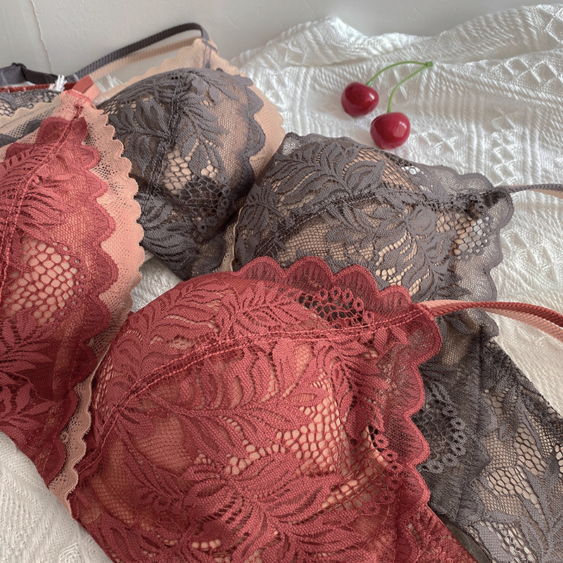 2020 Lenjerie de corp sexy pentru femei de ultimă generație Lenjerie intima din frunze de arțar de epocă Set sutien push-up confortabil fără sârmă Lenjerie cu cupă AB subțire din dantelă