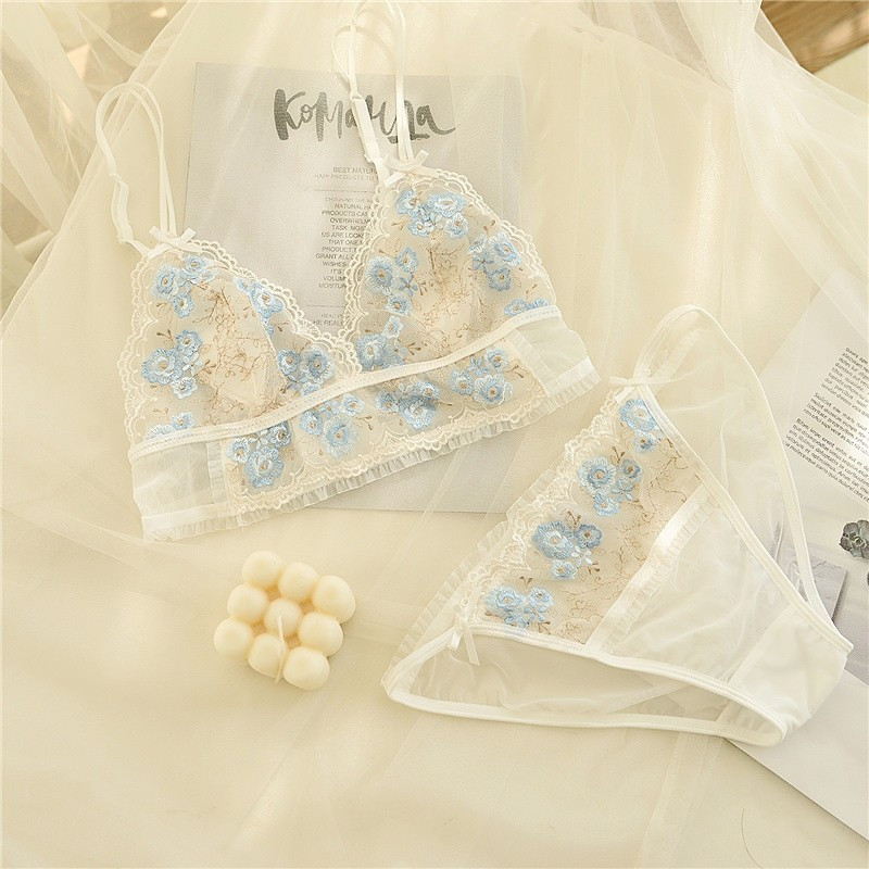 Seksīgs balts apakšveļas komplekts franču mežģīnes zili ziedi izšūšana krūštura komplekts sievietēm īpaši plāns elpojošs apakšveļas trīsstūris kauss bralette