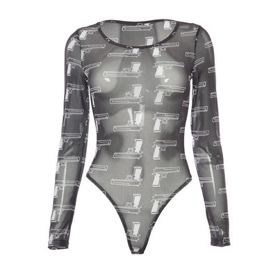 Μαύρο διχτυωτό τύπωμα διάφανο κορμάκι Σέξι κορμάκι μακρυμάνικο κορμάκι Γυναικεία ρούχα Άνοιξη 2021