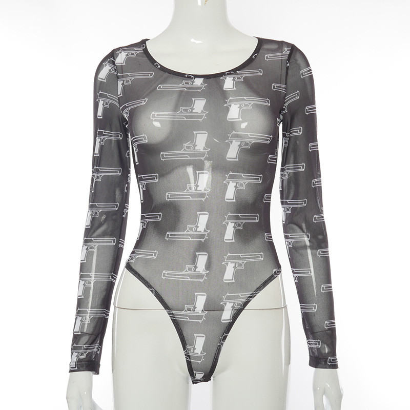 Μαύρο διχτυωτό τύπωμα διάφανο κορμάκι Σέξι κορμάκι μακρυμάνικο κορμάκι Γυναικεία ρούχα Άνοιξη 2021