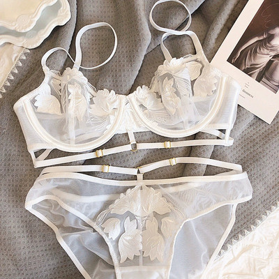 Set de sutien cu cupă ultra-subțire franțuzească, sexy, din dantelă, cu flori de broderie, lenjerie de corp pentru femei, sutien push-up, seturi de chiloți transparenti.