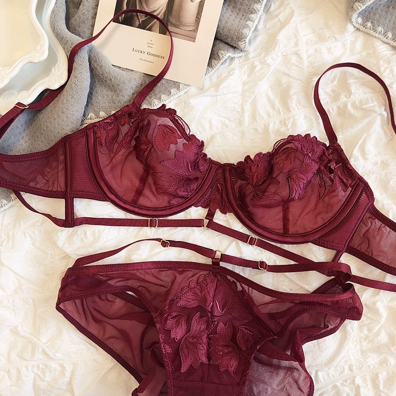 Set de sutien cu cupă ultra-subțire franțuzească, sexy, din dantelă, cu flori de broderie, lenjerie de corp pentru femei, sutien push-up, seturi de chiloți transparenti.