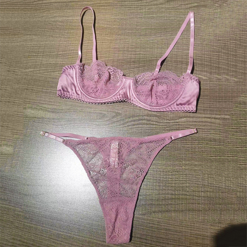 Set de sutien push up cu sârmă, sexy, ultra-subțire, din dantelă, femei, sutien și tanga transparenti