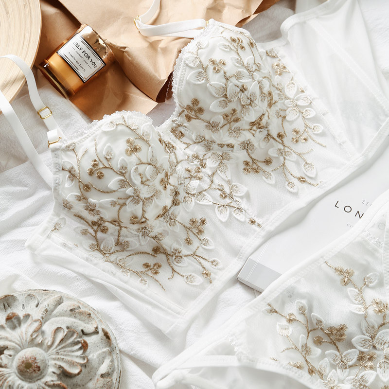 Visokokvalitetno donje rublje s vezom od čipke i cvijeća Žensko seksi grudnjak s push upom za oblikovanje tijela Francuski luksuzni romantični bijeli donji rublje s braletteom