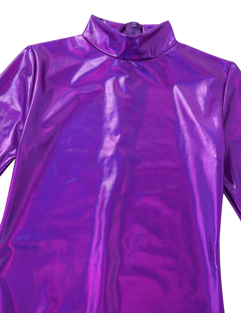 Moodne naiste ühes tükis läikiv metallik kilpkonnaga pikkade varrukatega võimlemistantsu trikoo Body Clubweari lavaesinemiseks