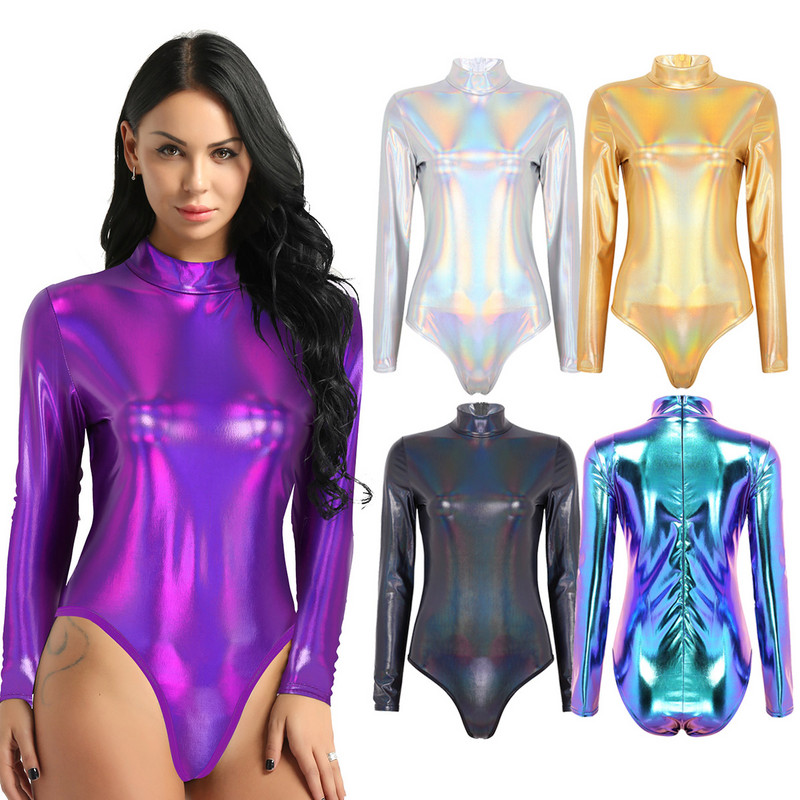 Moodne naiste ühes tükis läikiv metallik kilpkonnaga pikkade varrukatega võimlemistantsu trikoo Body Clubweari lavaesinemiseks