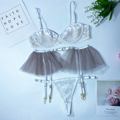 Yimunancy 3-osaline polsterdatud võrkrinnahoidjakomplekt naiste võrgust lapiga naistepesukomplekt, must seksikas aluspesukomplekt