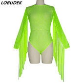 Body cu mâneci cu franjuri cu ciucuri verde neon pentru femei, costum de scenă, scobit, bar, club de noapte, DJ, dans, dans, body