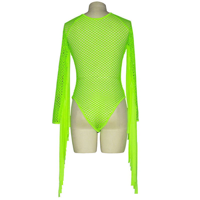 Body cu mâneci cu franjuri cu ciucuri verde neon pentru femei, costum de scenă, scobit, bar, club de noapte, DJ, dans, dans, body