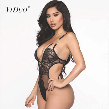 YiDuo Deep V-образно деколте с презрамки Прозрачно черно секси дантелено боди Club Women Body See Through Bodysuit Thong Teddy Mesh