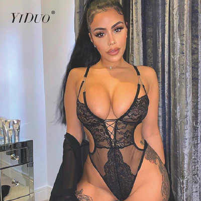 YiDuo mély V-nyakú merülőpánt, áttetsző fekete szexi csipkés Bodysuit Club Női Body Body Átlátszó Hát nélküli Body Tring Teddy Mesh