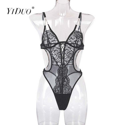 YiDuo Body cu decolteu în V adânc, cu bretele, negru, sexy, din dantelă, club, body pentru femei, cu vedere prin spate, tanga, plasă de pluș