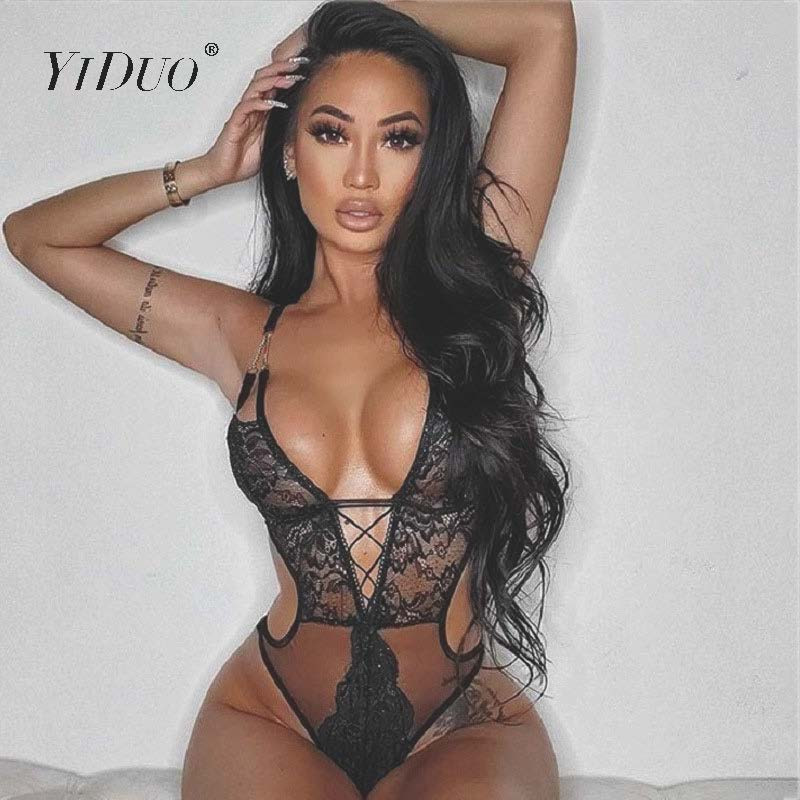 YiDuo Body cu decolteu în V adânc, cu bretele, negru, sexy, din dantelă, club, body pentru femei, cu vedere prin spate, tanga, plasă de pluș