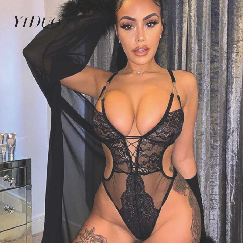 YiDuo Body cu decolteu în V adânc, cu bretele, negru, sexy, din dantelă, club, body pentru femei, cu vedere prin spate, tanga, plasă de pluș