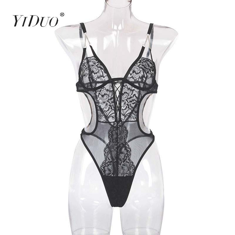 YiDuo Body cu decolteu în V adânc, cu bretele, negru, sexy, din dantelă, club, body pentru femei, cu vedere prin spate, tanga, plasă de pluș