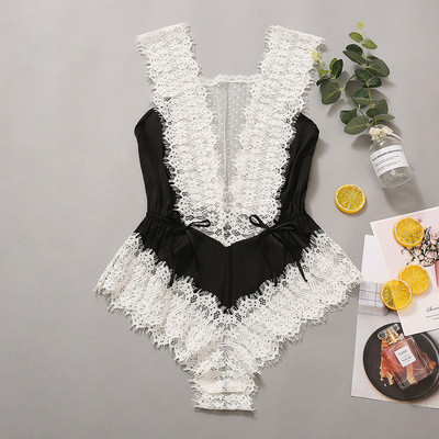 Must seksikas pits seljata kiusatus õhuke avatud jalgevahe Deep V Perspective ühes tükis magamisriiete bodi kombinesoon