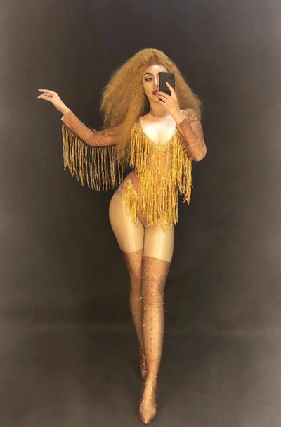 Body sexy pentru femeie, cu ciucuri de aur, pentru DJ, pentru scenă