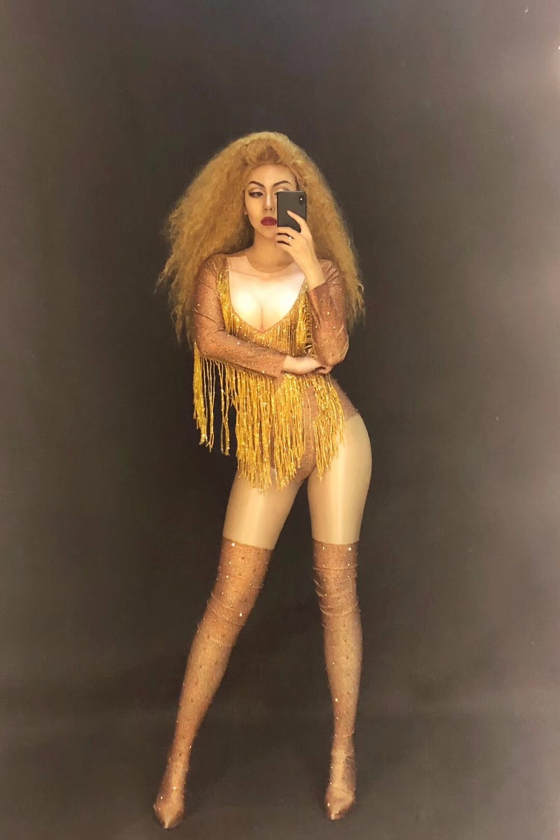 Body sexy pentru femeie, cu ciucuri de aur, pentru DJ, pentru scenă
