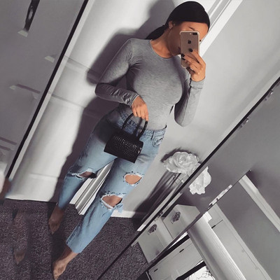 Salopetă de primăvară de bază cu mânecă lungă cu decolteu în formă de O, negru, gri, verde fluorescent, bodycon elegant, pentru femei, combinație scurtă pentru femei