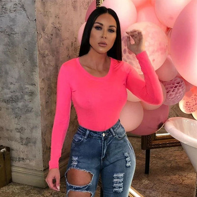 Salopetă de primăvară de bază cu mânecă lungă cu decolteu în formă de O, negru, gri, verde fluorescent, bodycon elegant, pentru femei, combinație scurtă pentru femei