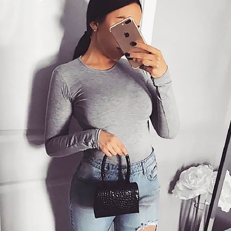 Salopetă de primăvară de bază cu mânecă lungă cu decolteu în formă de O, negru, gri, verde fluorescent, bodycon elegant, pentru femei, combinație scurtă pentru femei