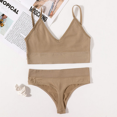 Set de sutien fără cusuri pentru femei, tanga sexy, talie joasă, chiloți cu picioare înalte, sutien fără sârmă, lenjerie sexy, set de lenjerie intimă pentru femei