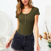 LIBERJOG Tricou pentru femei Body cu mânecă scurtă, subțire, cu gâtul în formă de O, tricotat, stretch, skinny, bodycon, pentru femei, primăvară vară