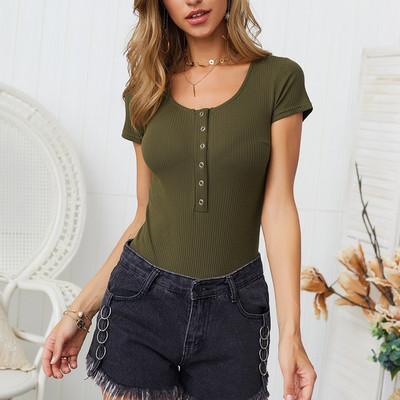 LIBERJOG Tricou pentru femei Body cu mânecă scurtă, subțire, cu gâtul în formă de O, tricotat, stretch, skinny, bodycon, pentru femei, primăvară vară