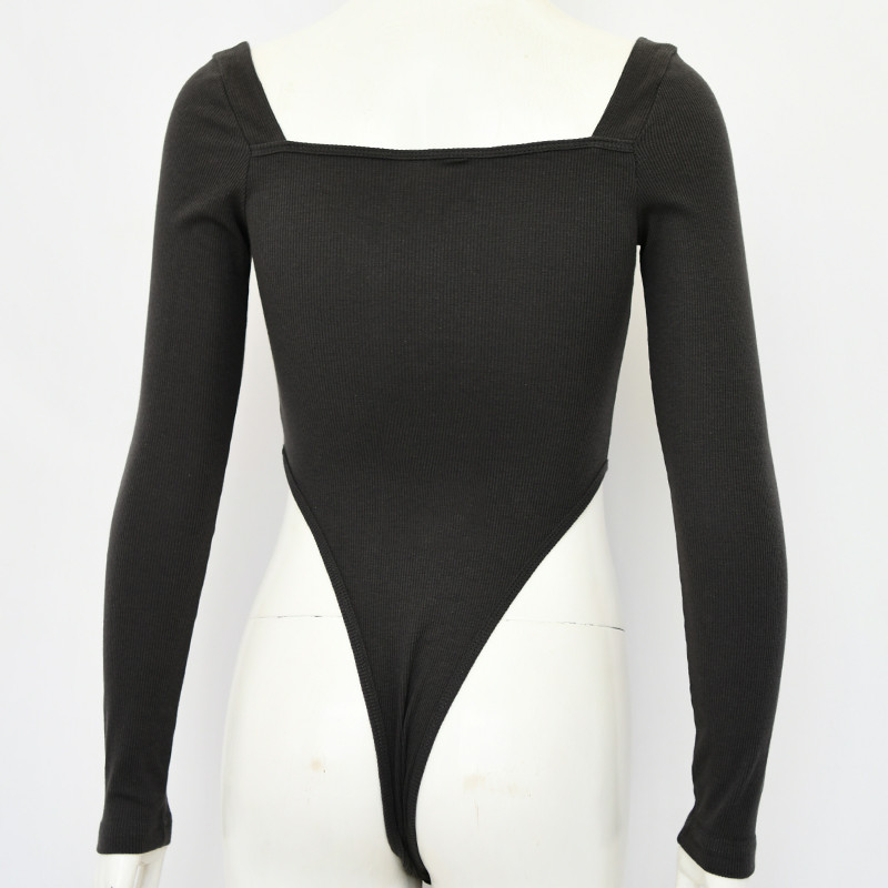 Body Slergiri negru cu mânecă lungă, cu gât tăiat, pentru femei, toamnă, cu nasturi în față, talie înaltă, talie înaltă, body slim și subțire, 2020