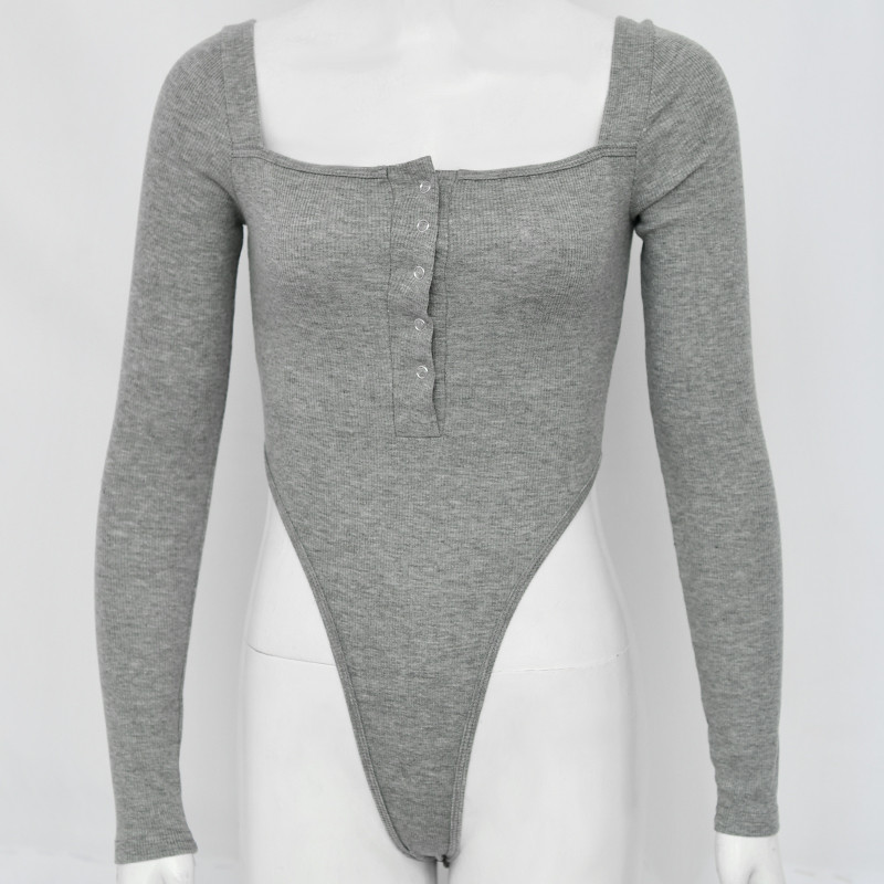 Body Slergiri negru cu mânecă lungă, cu gât tăiat, pentru femei, toamnă, cu nasturi în față, talie înaltă, talie înaltă, body slim și subțire, 2020