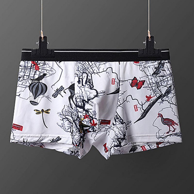Trunchi boxer din mătase de gheață pentru bărbați Chiloți imprimați Husă umflă Lenjerie de corp Slip fără sudură Slip boxer sexy pentru bărbați U Geantă convexă Chiloți