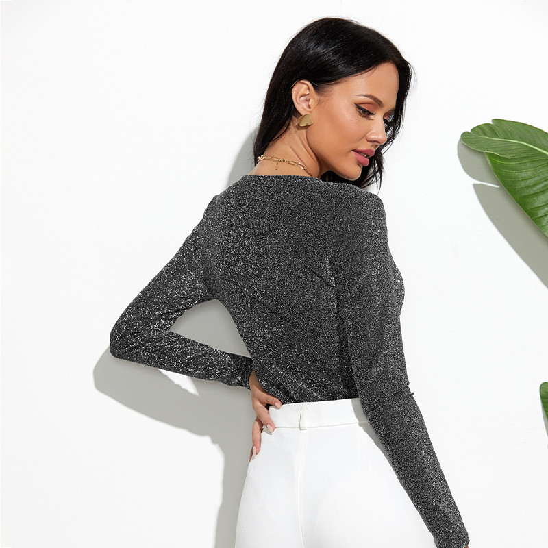 Body cu mânecă lungă pentru femei, sexy, cu decolteu în V, cu sclipici, barcele de toamnă, ocazional, subțiri, cu fundul, salopete elegante, subțiri