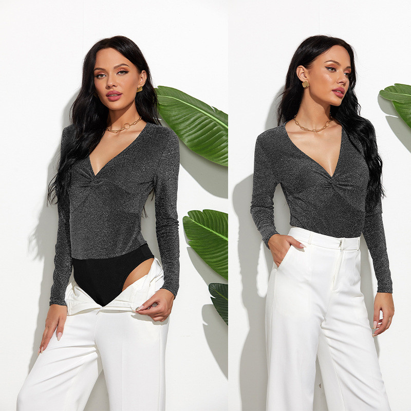 Body cu mânecă lungă pentru femei, sexy, cu decolteu în V, cu sclipici, barcele de toamnă, ocazional, subțiri, cu fundul, salopete elegante, subțiri