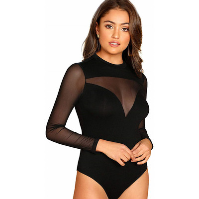2020 Costum de corp sexy din plasă transparentă pentru damă, cu gât roșu, tricou cu mânecă lungă, tricou, negru