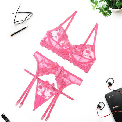 Set de lenjerie sexy cu broderie florală pentru femei Braletă subțire transparentă din dantelă sutien push up jartiere 3 piese lenjerie senzuală pentru femei