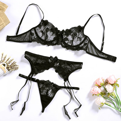 Set de lenjerie sexy cu broderie florală pentru femei Braletă subțire transparentă din dantelă sutien push up jartiere 3 piese lenjerie senzuală pentru femei