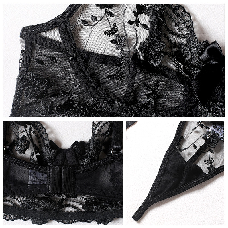 Set de lenjerie sexy cu broderie florală pentru femei Braletă subțire transparentă din dantelă sutien push up jartiere 3 piese lenjerie senzuală pentru femei