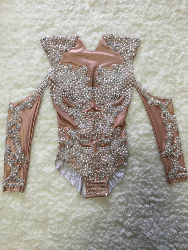 Costum de dans sexy cu perle pentru scenă, body cu mânecă lungă, ținută pentru femei, Body Celebrate, club de noapte, tricou pentru cântăreață