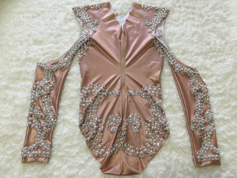 Costum de dans sexy cu perle pentru scenă, body cu mânecă lungă, ținută pentru femei, Body Celebrate, club de noapte, tricou pentru cântăreață