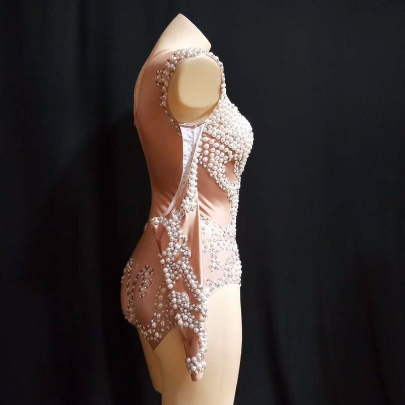 Costum de dans sexy cu perle pentru scenă, body cu mânecă lungă, ținută pentru femei, Body Celebrate, club de noapte, tricou pentru cântăreață